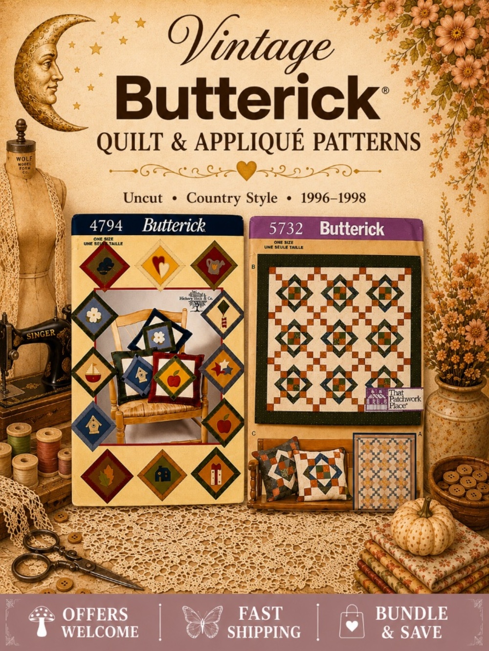 Lot of 2 Vintage Butterick Quilt Patterns Patchwork & Appliqué Uncut